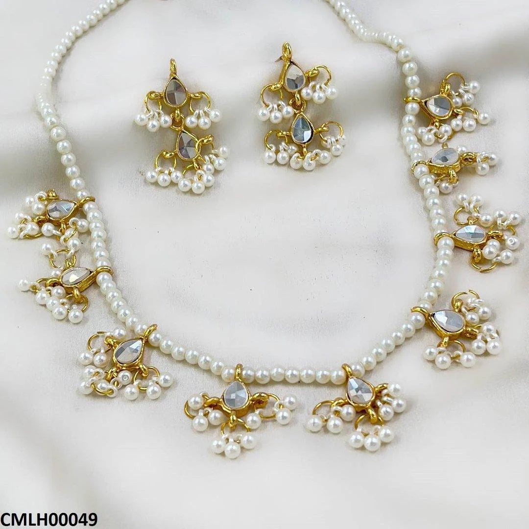 Gold-Plated Kundan Pearl Mala Jewelry Set – For Women