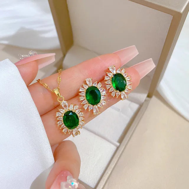 Emerald Halo Pendant & Stud Earring Set
