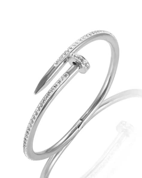 Silver-Toned Nail Cuff Bracelet with Clear Crystal Accent
