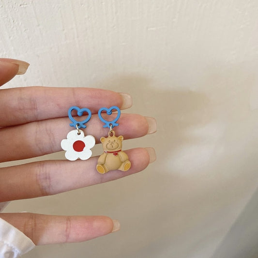Flower And Bear Asymmetrical Drop Earrings