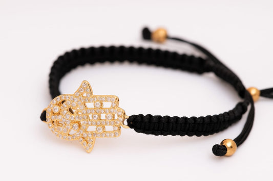 Black Macrame Bracelet with Golden Panjtan Pak Hand Symbol and Clear Crystals