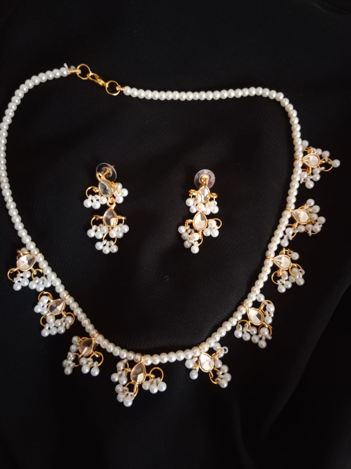 Gold-Plated Kundan Pearl Mala Jewelry Set – For Women
