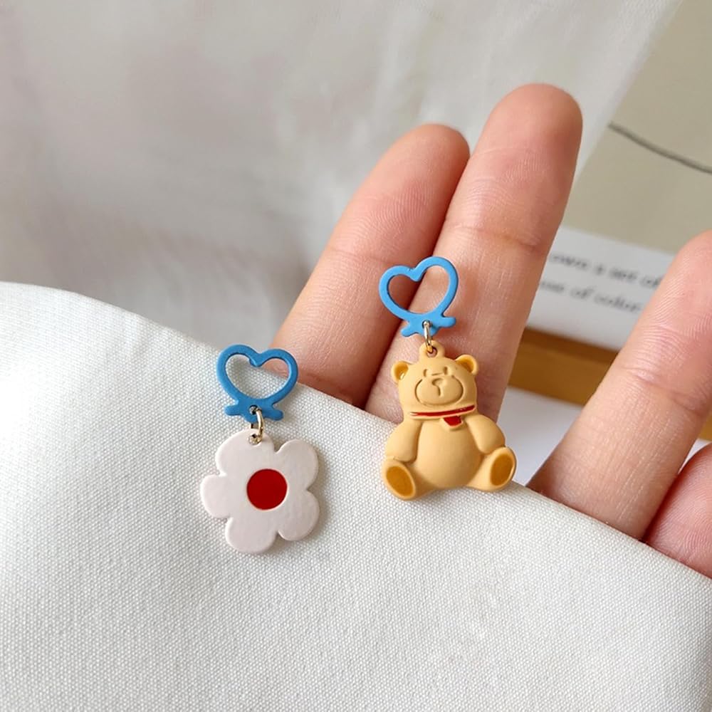 Flower And Bear Asymmetrical Drop Earrings
