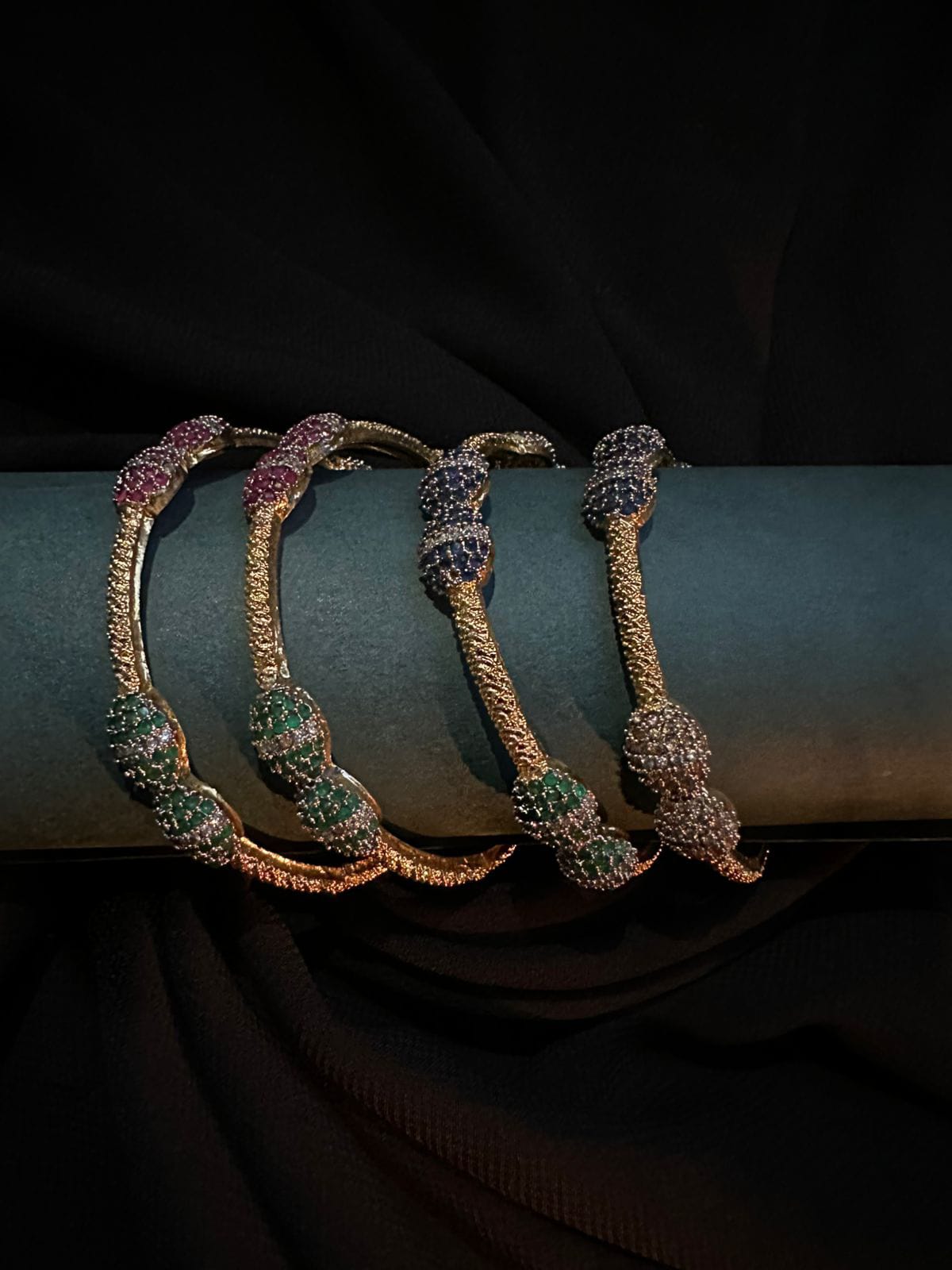 Gold-Toned original Zircon Bangles – Green & Ruby Sparkle