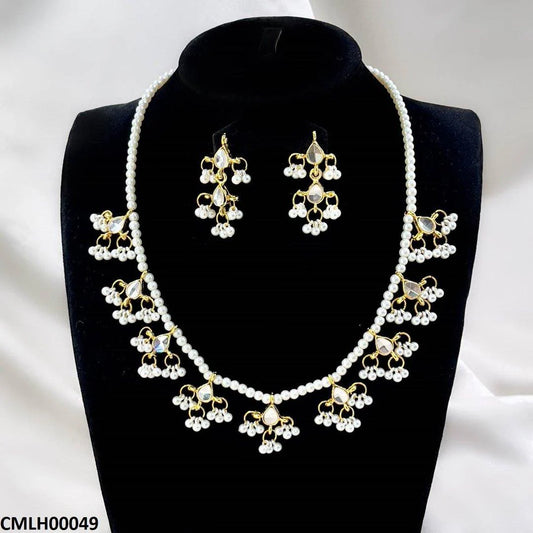 Gold-Plated Kundan Pearl Mala Jewelry Set – For Women