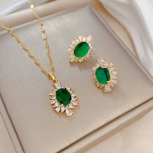 Emerald Halo Pendant & Stud Earring Set