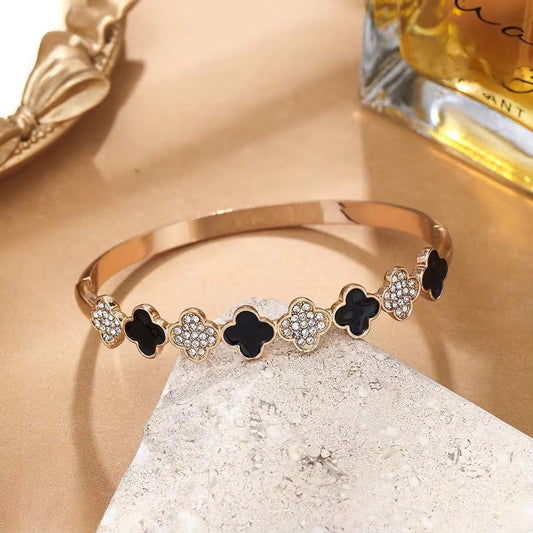 Elegant Four-Leaf Clover Bangle Styled Bracelet-