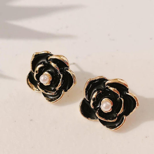 Camellia Imitation Black Enamel Pearl Earrings