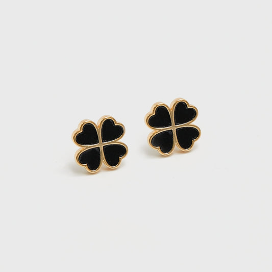 Black Enamel Four Leaf Clover Stud