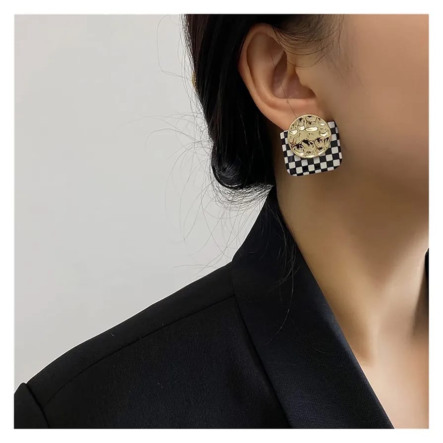 Vintage Checkerboard Resin Stud Earrings with Irregular Gold Rounds