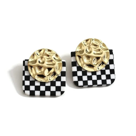 Vintage Checkerboard Resin Stud Earrings with Irregular Gold Rounds