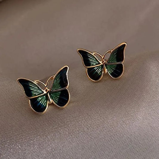 Vintage Fashion Enamel Green Butterfly Stud Ear Earrings
