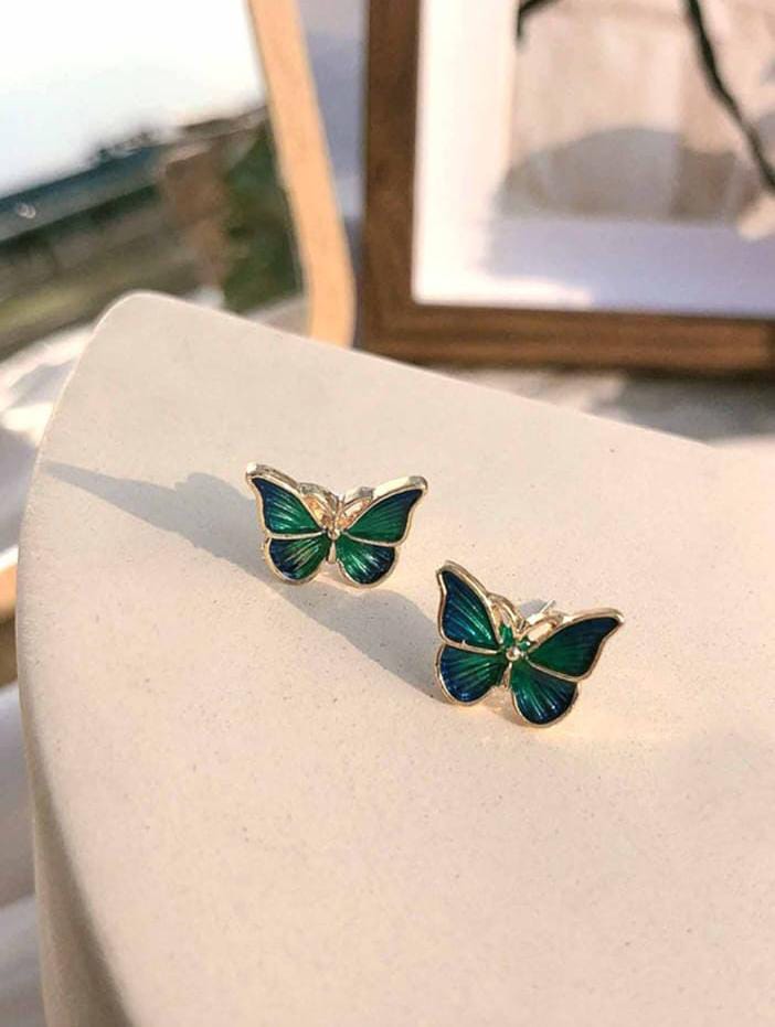 Vintage Fashion Enamel Green Butterfly Stud Ear Earrings