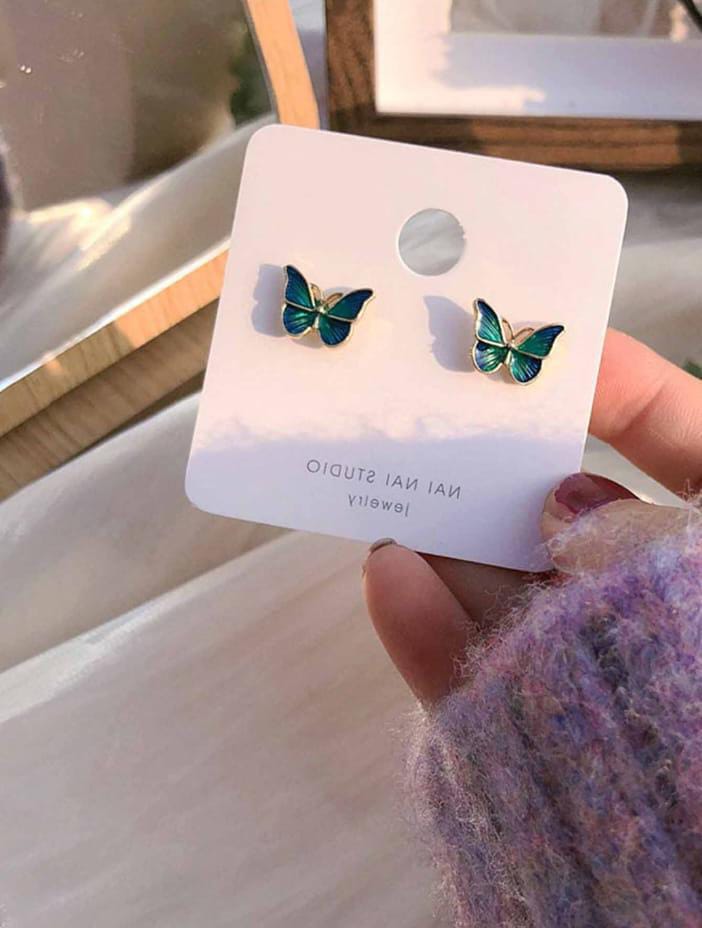 Vintage Fashion Enamel Green Butterfly Stud Ear Earrings