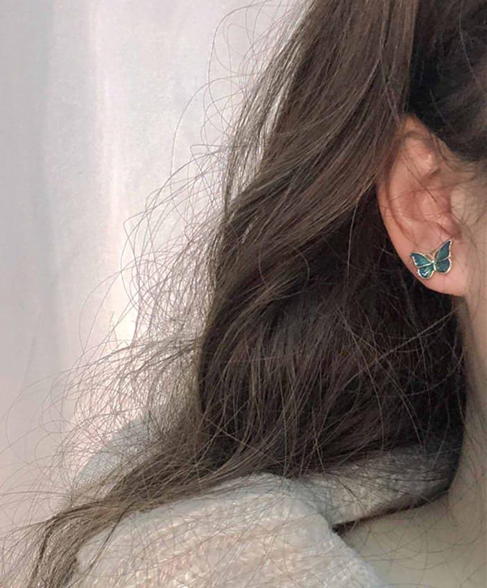 Vintage Fashion Enamel Green Butterfly Stud Ear Earrings