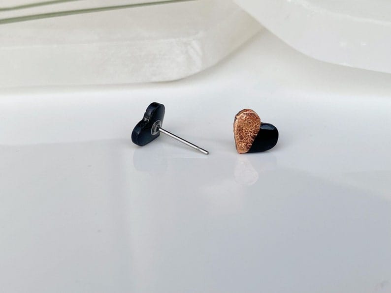 black and rose gold heart reason stud earrings