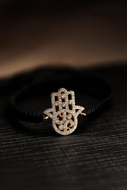 Black Macrame Bracelet with Golden Panjtan Pak Hand Symbol and Clear Crystals