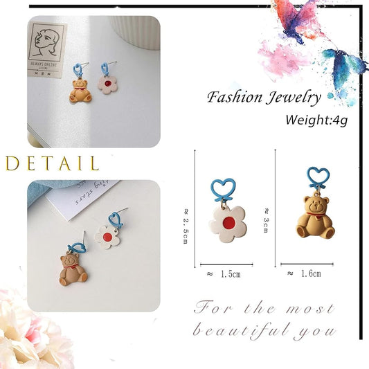 Flower And Bear Asymmetrical Drop Earrings
