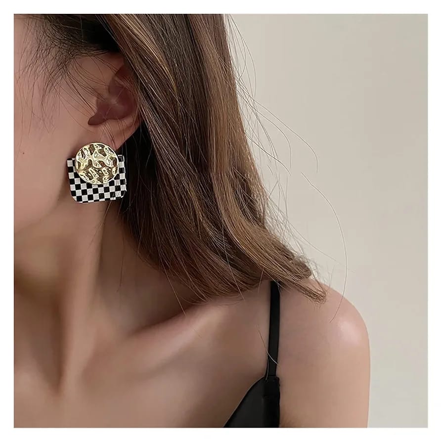 Vintage Checkerboard Resin Stud Earrings with Irregular Gold Rounds
