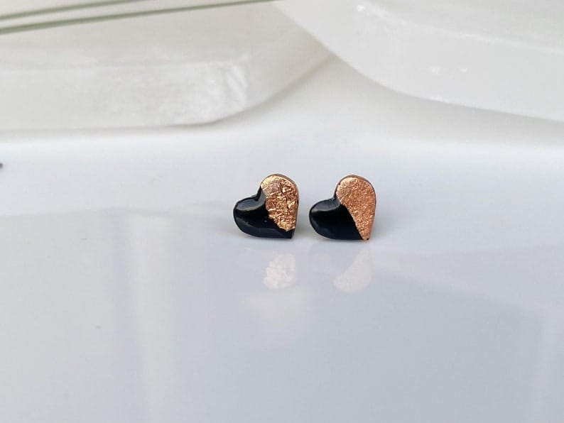 black and rose gold heart reason stud earrings