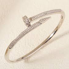Silver-Toned Nail Cuff Bracelet with Clear Crystal Accent