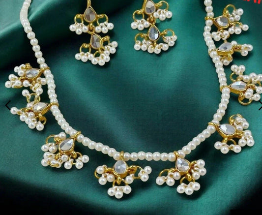 Gold-Plated Kundan Pearl Mala Jewelry Set – For Women