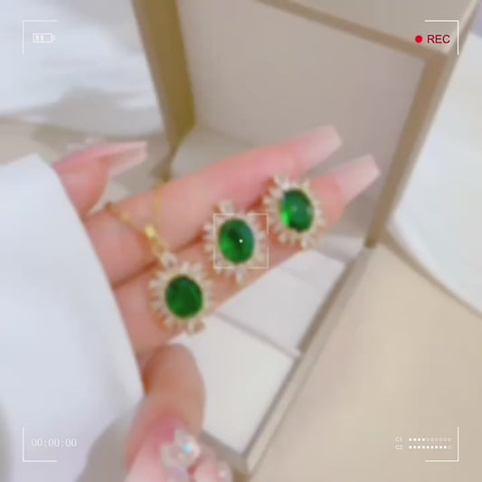 Emerald Halo Pendant & Stud Earring Set